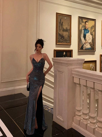 Sheath Straps Sequin Blue Slit Long Prom Dresses Evening Dress SD420